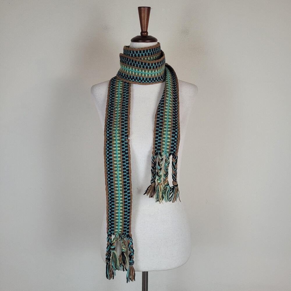 Vintage Millars Scarf Multicolor Green Blue Brown Wool Striped Fringe Boho Hygge